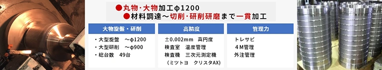 丸物・大物加工　φ1200　／　材料調達〜切削・研削研磨まで一貫加工